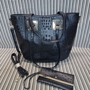 Black Faux Croc Ostrich Embossed Tote Bag w/ Wallet & Strap NWOT